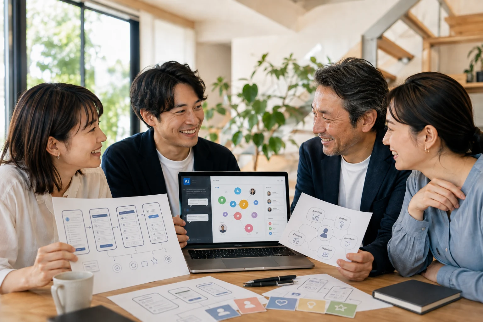 AIと一人ひとりの強みを活かし、笑顔で未来を共創するチームのイメージ